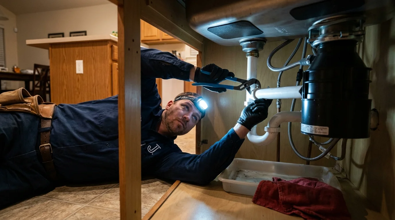 P-trap and supply line connections under a kitchen sink showing a common leak point in Chester, MT